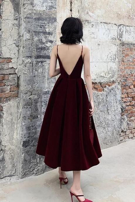 A Line Burgundy Velvet Short Prom Dress Evening Dress