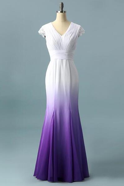 Modest White Purple Ombre Wedding Gowns Lace Appliques Prom Dress