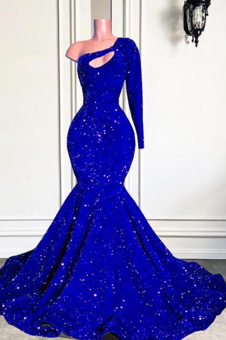 Sparkly One Shoulder Royal Blue Sequin Prom Dresses