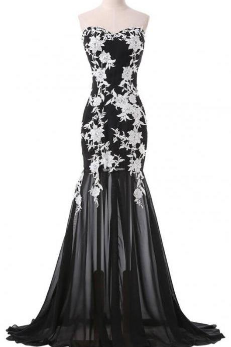 Sweetheart Black Tulle A-line Applique Formal Long Prom Dress