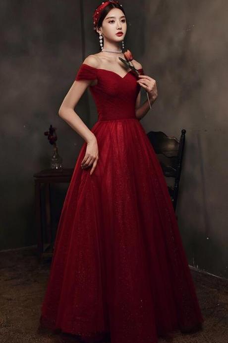 A Line Burgundy Tulle Long Prom Dress Evening Dress