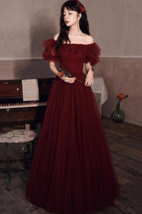 A Line Burgundy Tulle Long Prom Dress