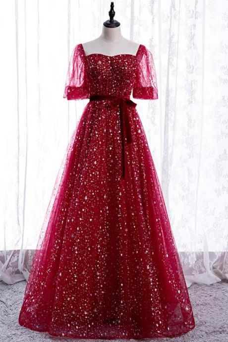 Floor Length Burgundy Tulle Long Prom Dress Evening Dress