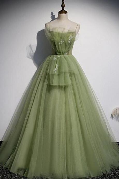 A Line Green Tulle Long Sweet 16 Prom Dress Formal Dress