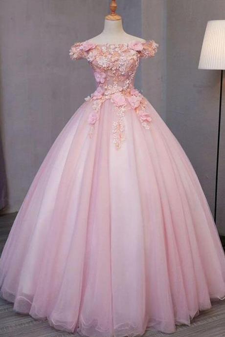 Off Shoulder Pink Tulle Long Formal Prom Dresses