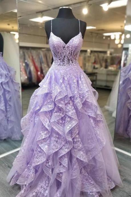 Spaghetti Staps Lilac Long Prom Dresses Evening Gowns