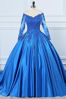 Royal Blue Satin V Neck Sweep Train Prom Dress With Long Sleeve