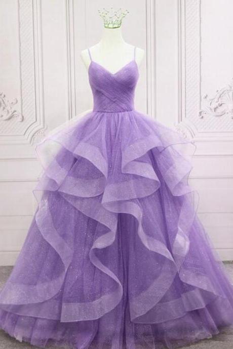 Straps Layers Glam Purple Tulle V-neckline Formal Dress