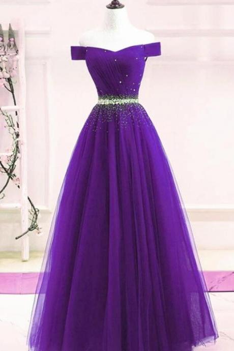 Off Shoulder Beaded Long Purple Formal Dress