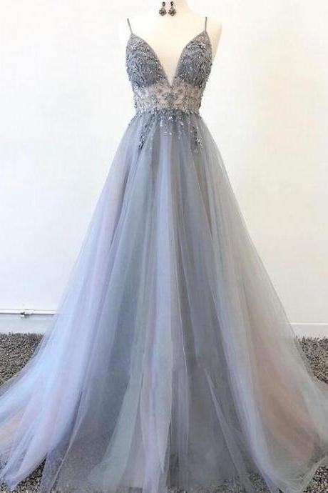 A Line Gray Tulle Beads Long Prom Dresses
