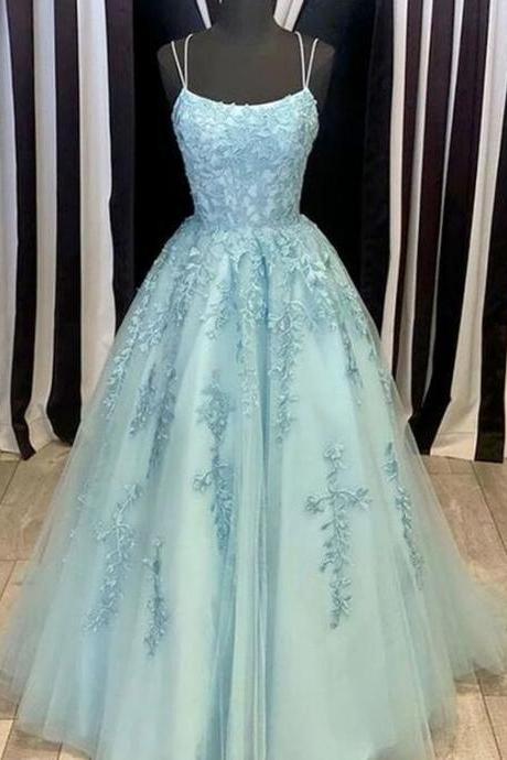 A Line Blue Tulle Lace Long Prom Dress