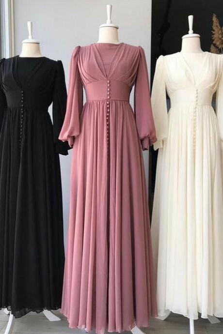 Simple A Line Chiffon Long Prom Dresses With Long Sleeves