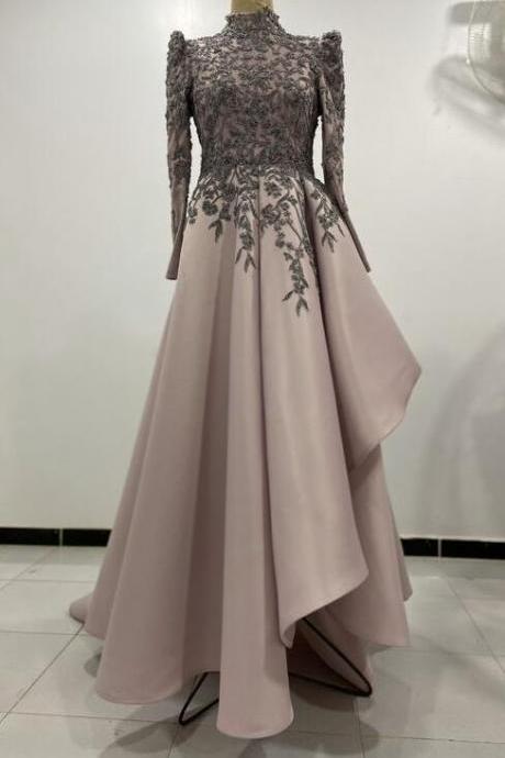 A Line Long Sleeve Stain Prom Dresses