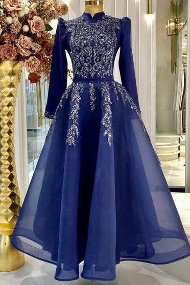 Modest Tea Length Royal Blue Prom Dresses Fashion Evening Dress
