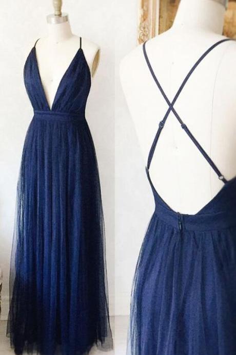 Simple A Line Navy Blue Prom Dress