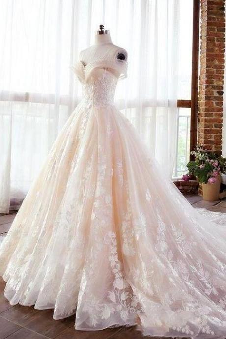 Off Shoulders Luxury Champagne Lace Ball Gown Wedding Dress