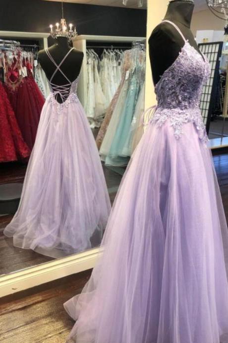 A Line Purple Lace Long Prom Evening Dress
