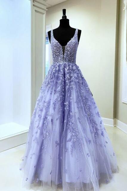 Simple A Line Lilac Lace V Neck Long Prom Dress