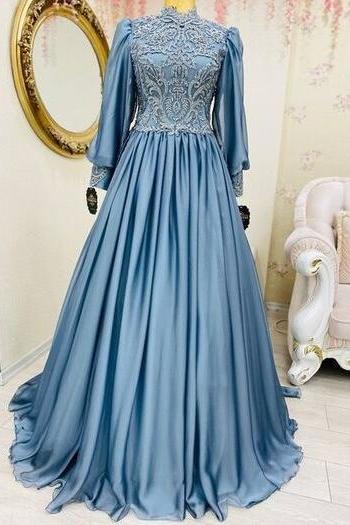 High Neck Light Blue Muslim Long Puffy Sleeve Prom Dresses
