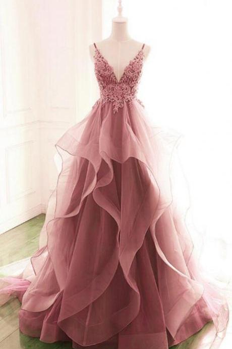 A Line Pink Lace Long Prom Evening Dress