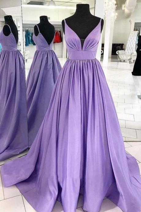 A-line Senior V Neck Purple Prom Dress, Evening Dresses