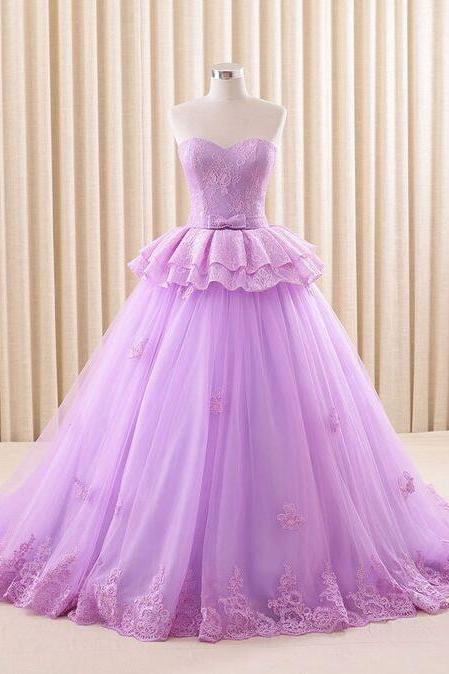 Sweetheart Purple Lace Ball Gown Formal Evening Dresses