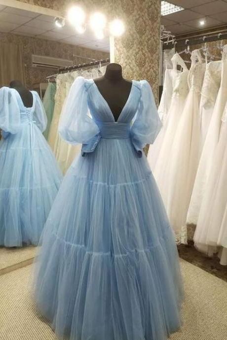 Elegant A Line Long Sleeves Blue Tulle Prom Dress, Evening Dress