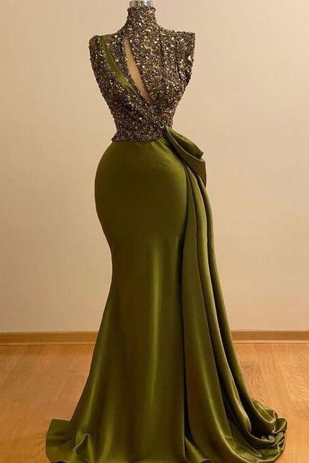Sexy Stain Olive Green Prom Dresses With Sequins