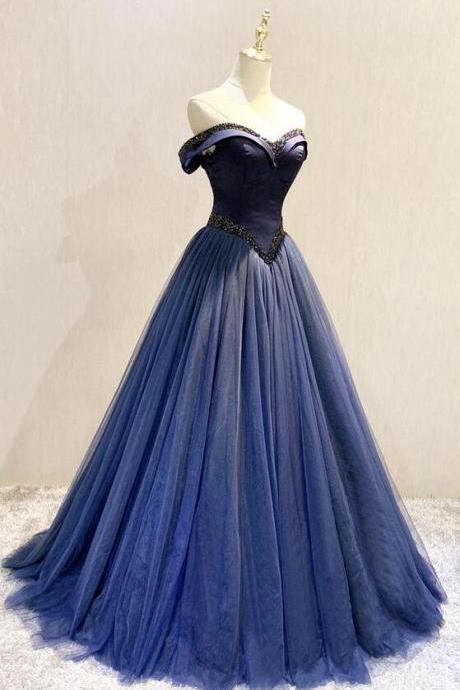 Elegant A Line Tulle Long Prom Evening Dress With Beads