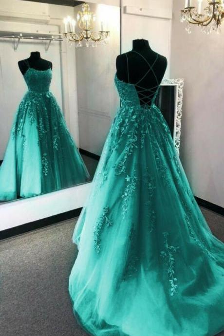Ball Gown Green Lace Appliques Prom Dress