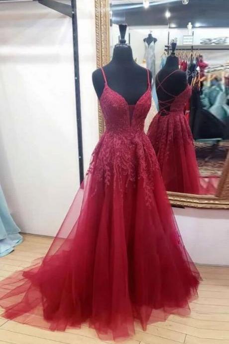 Straps Tulle Burgundy Lace Long Prom Dresses