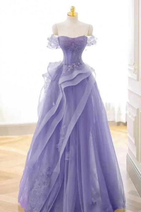 A-line Purple Off Shoulder Tulle Lace Long Prom Dresses