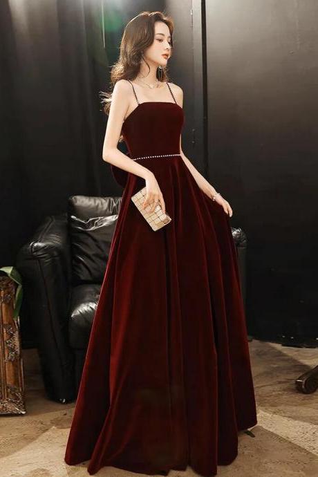 A-line Straps Velvet Burgundy Long Prom Dresses