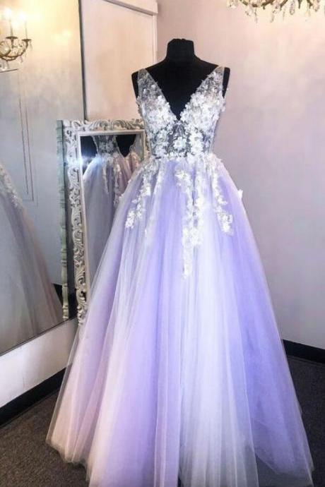 Floor Length V Neck Purple Lace Applique Long Prom Dress