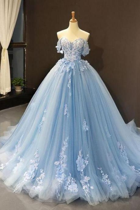 Off Shoulder Mermaid Blue Tulle Prom Dresses