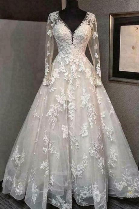 A Line V Neck Backless Lace Appliques Bridal Dresses