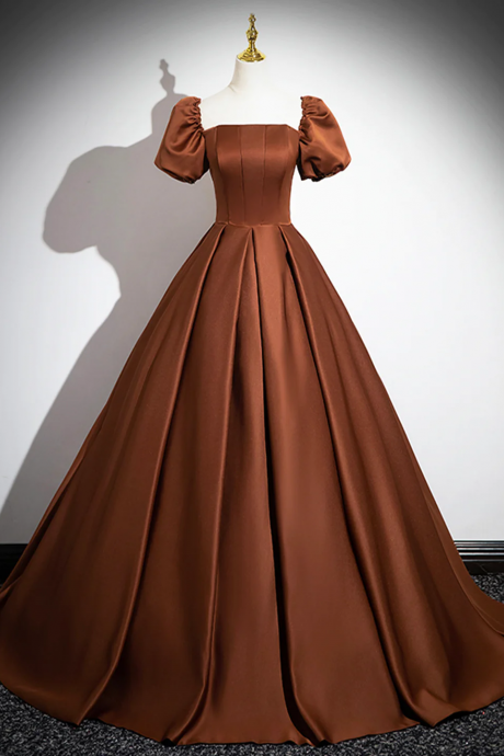 Brown A-line Satin Long Brown Prom Dresses