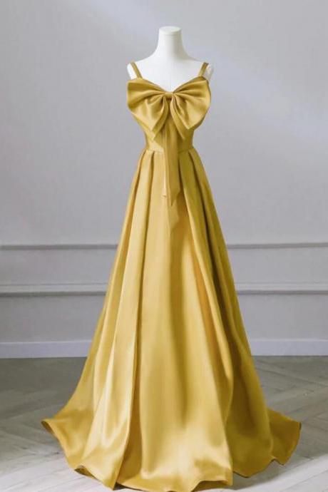 A-line Sweetheart Neck Satin Yellow Long Prom Dresses