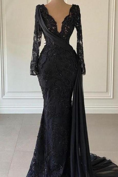 Charming A Line Long Prom Dress Black Formal Dress With Long Sleeves