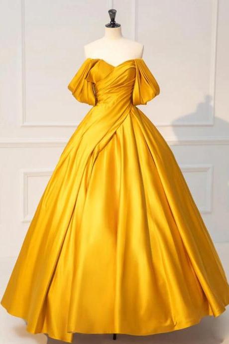 Off Shoulder A-line Yellow Stain Long Prom Dresses