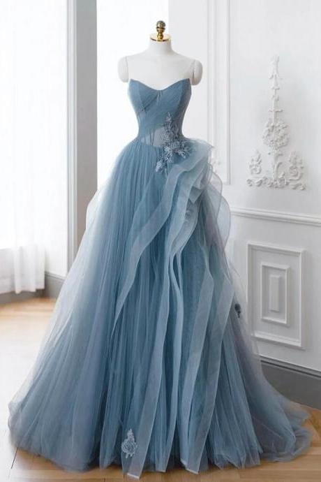A-line Off Shoulder Tulle Lace Gray Blue Long Prom Dresses
