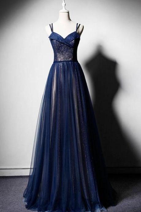 Simple Dark Blue Tulle Long Prom Evening Dress