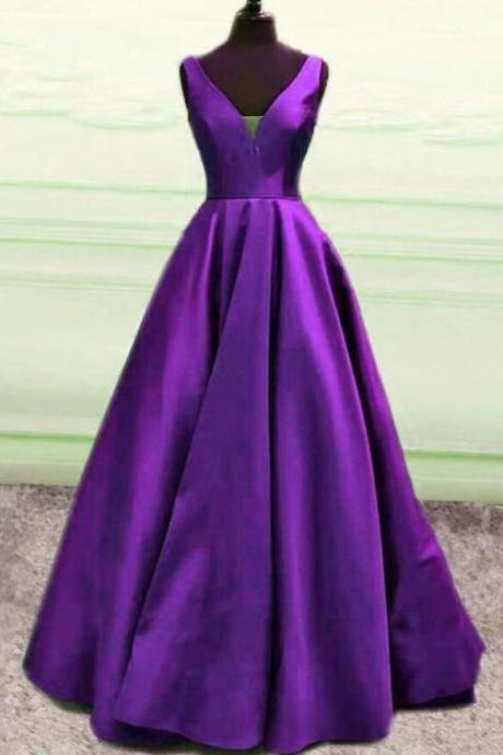 Simple A Line Ball Gown V Neck Prom Dresses