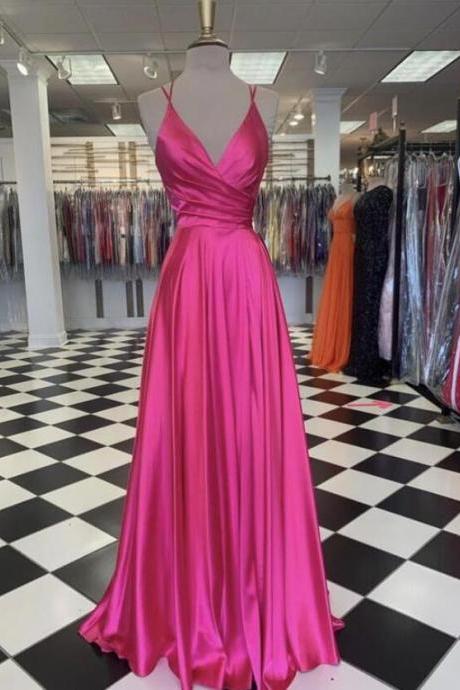 A Line Pink V Neck Satin Evening Dress
