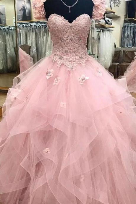 Sweetheart Ball Gown Tulle Long Lace Prom Dress, Pink Sweet 16 Dress