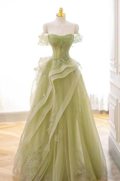 A-line Off Shoulder Green Tulle Lace Prom Dress, Formal Dress
