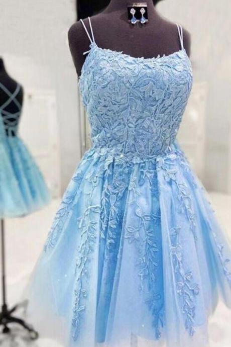 Straps Light Blue Lace Formal Short Homecoming Dresses