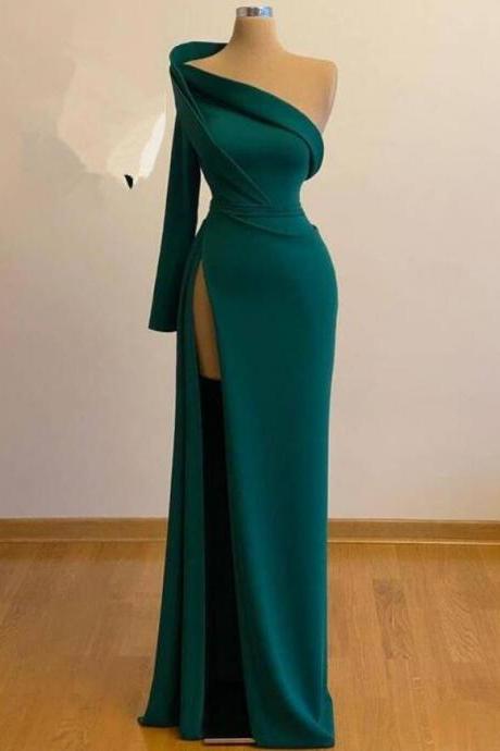 One Shoulder A Line Stain Green Evening Gown With Slit