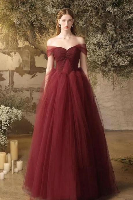 Floor Length Burgundy Sweetheart Tulle Long Prom Dresses