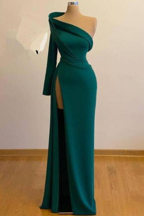 One Shoulder A Line Green Evening Gown With Slit